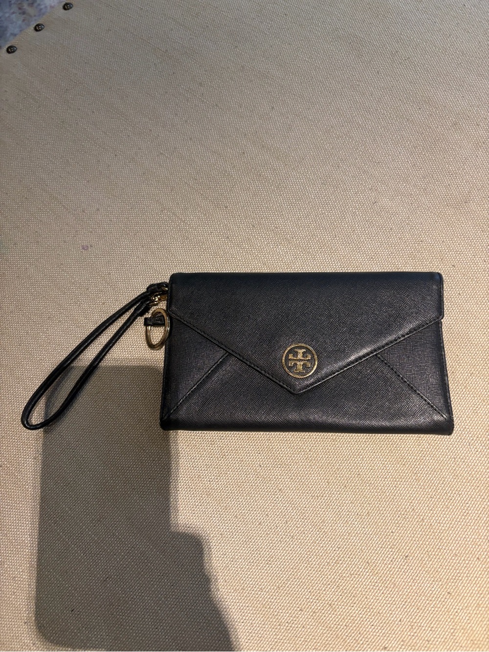 Tory Burch Black Leather Envelope Wristlet with Gold Hardware